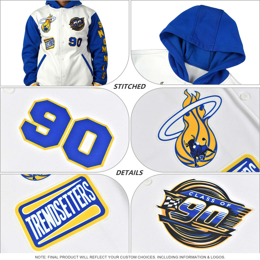 Custom Purple Gold Color Block Varsity Full-Snap Letterman Jacket Hoodie