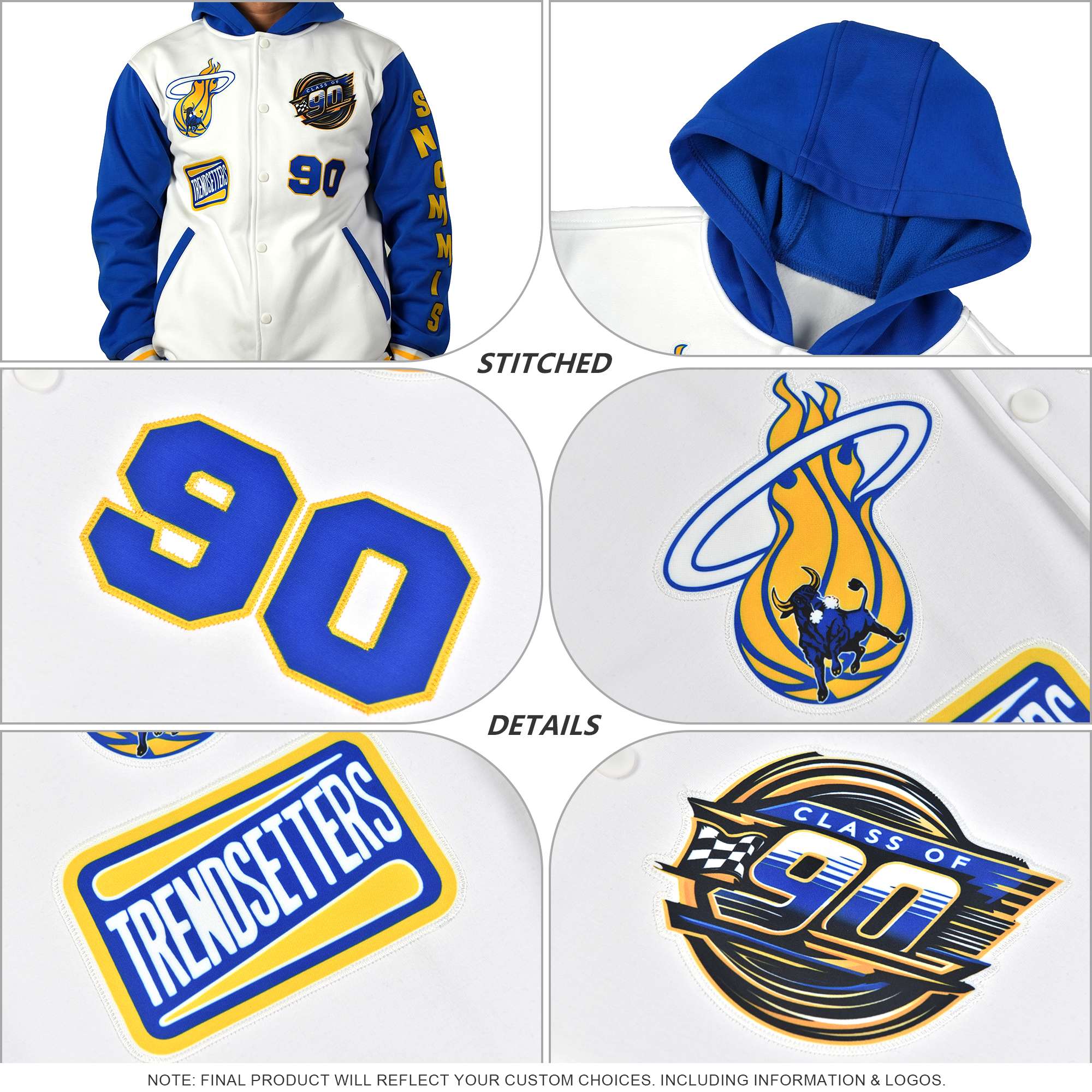 Custom Purple Gold Color Block Varsity Full-Snap Letterman Jacket Hoodie