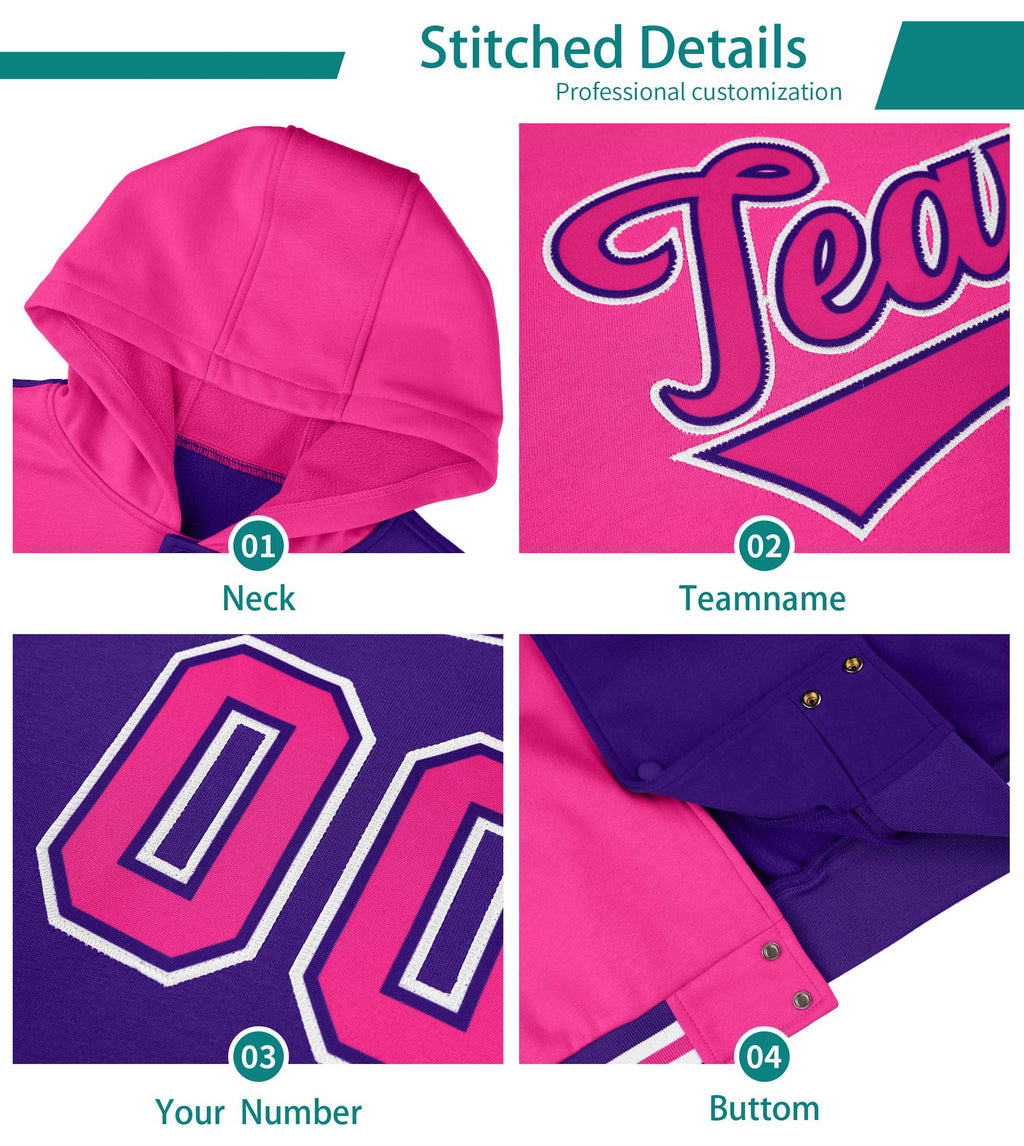Custom Purple Gold Color Block Varsity Full-Snap Letterman Jacket Hoodie